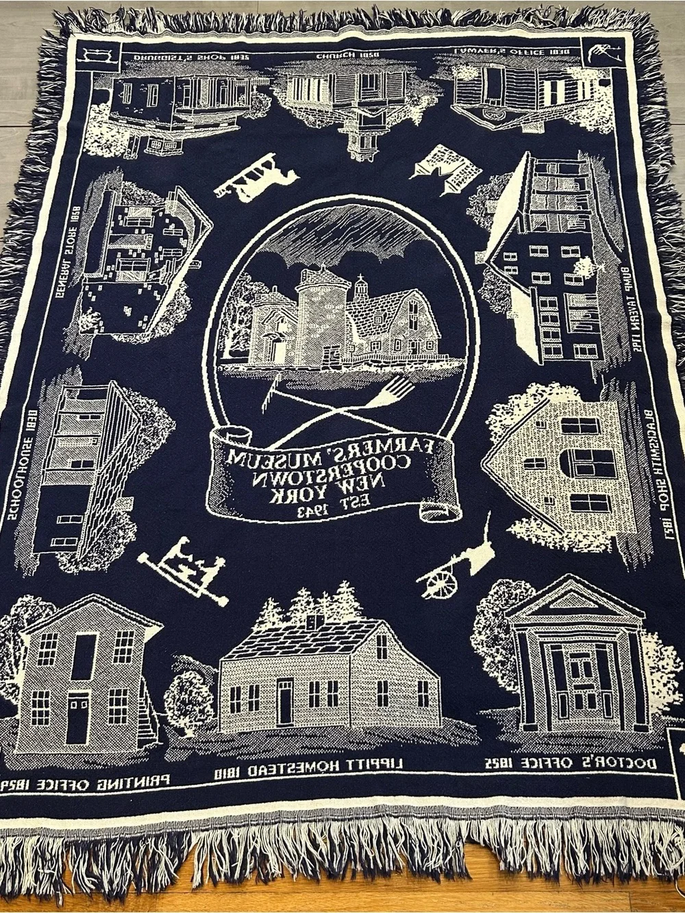 Vtg Farmers Museum Cooperstown NY Tapestry Throw Blanket Fringe 44x60 Cottage